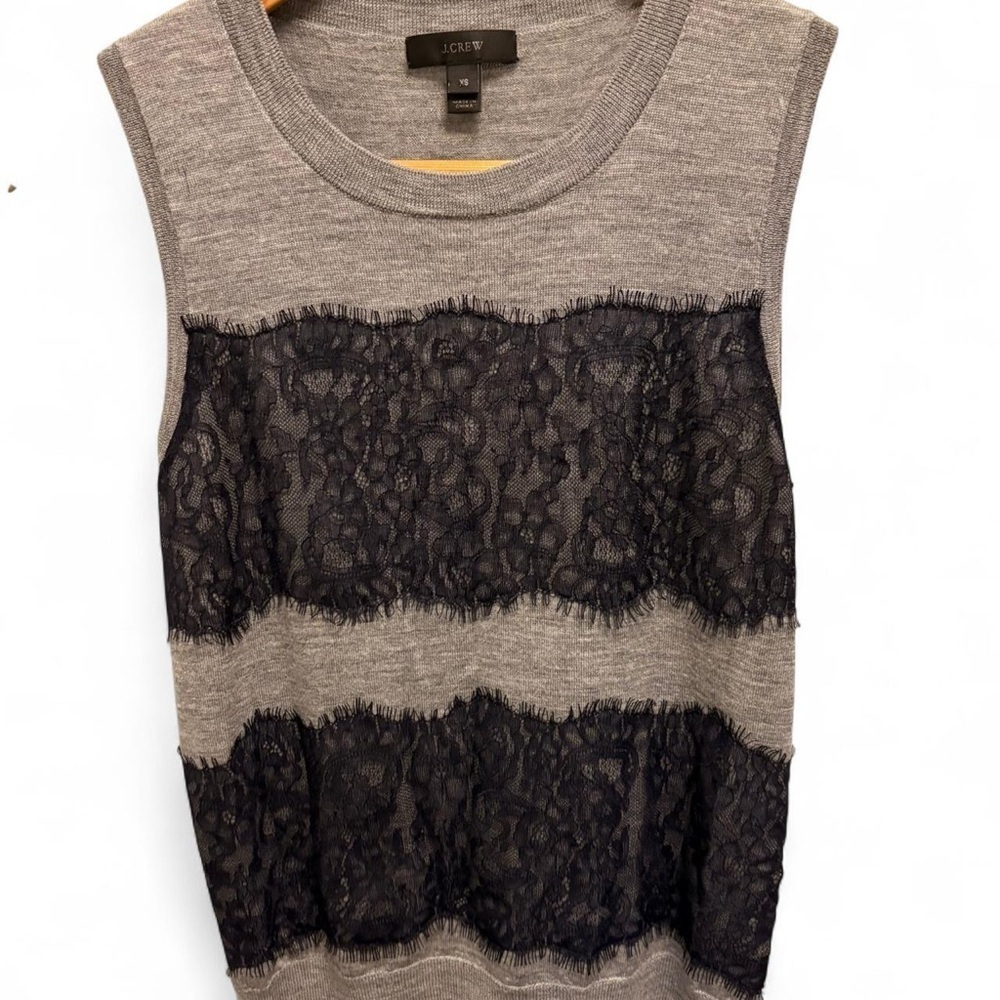 J. Crew Gray Tank Top with dark navy Lace Detail - Picture 1 of 5